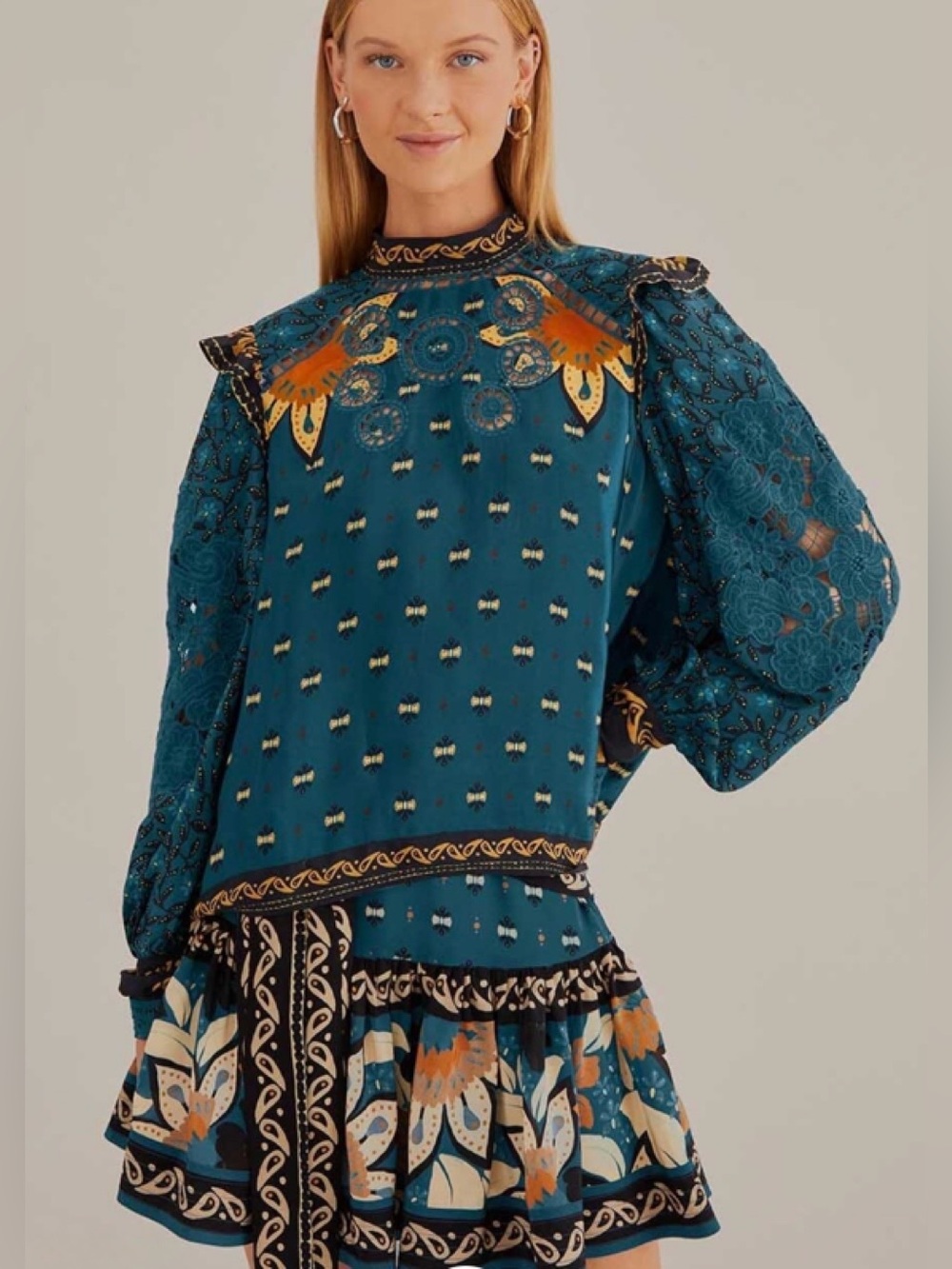 Farm Rio Blue Ainika Chill Long Sleeve Blouse XS